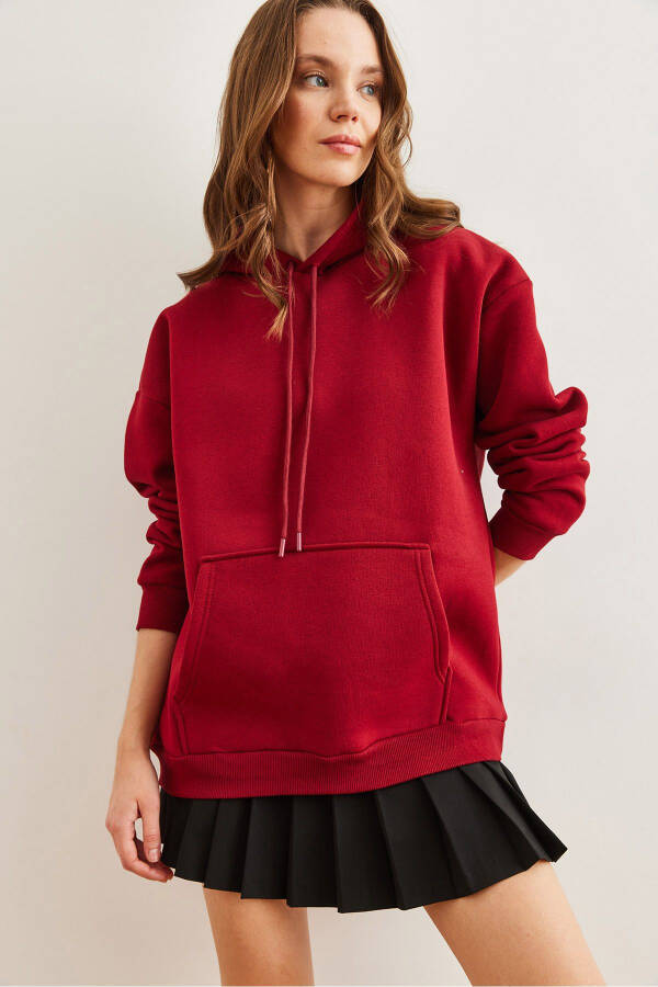 Women's Burgundy Hooded Kangaroo Pocket Thistle Oversized Sweatshirt SWT-19000676 - 11