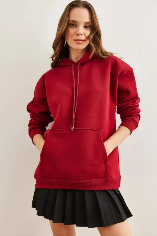 Women's Burgundy Hooded Kangaroo Pocket Thistle Oversized Sweatshirt SWT-19000676 - 3