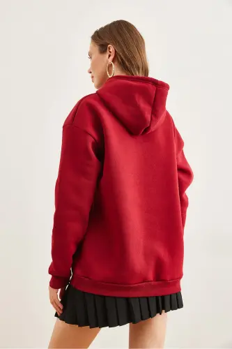Women's Burgundy Hooded Kangaroo Pocket Thistle Oversized Sweatshirt SWT-19000676 - 7
