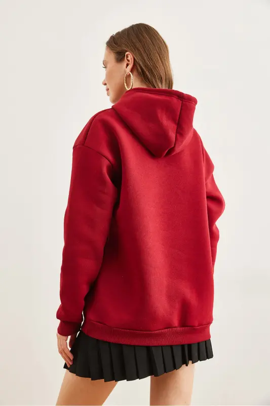 Women's Burgundy Hooded Kangaroo Pocket Thistle Oversized Sweatshirt SWT-19000676 - 7