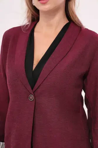 Women's Burgundy Inner Sleeve Striped Single Button Jacket ARM-22K001122-Burgundy - 3