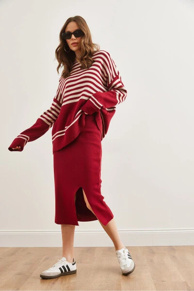 Women's Burgundy Knitted Upper Sweater and Lower Slitted Skirt Set TKM-19000321 - 4