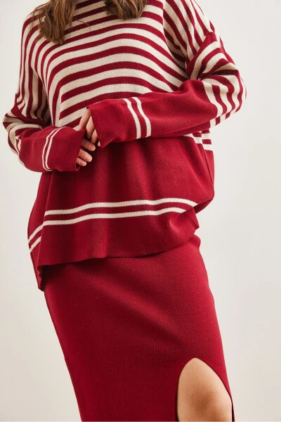 Women's Burgundy Knitted Upper Sweater and Lower Slitted Skirt Set TKM-19000321 - 6