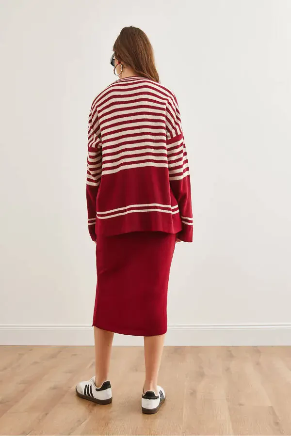 Women's Burgundy Knitted Upper Sweater and Lower Slitted Skirt Set TKM-19000321 - 7