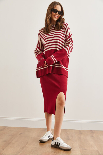 Women's Burgundy Knitted Upper Sweater and Lower Slitted Skirt Set TKM-19000321 - OLALOOK (1)