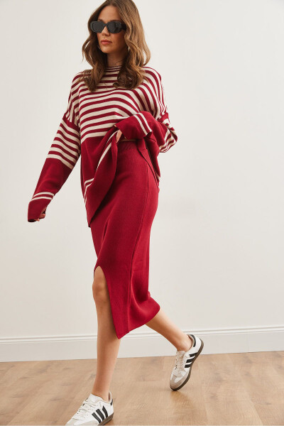Women's Burgundy Knitted Upper Sweater and Lower Slitted Skirt Set TKM-19000321 - 5
