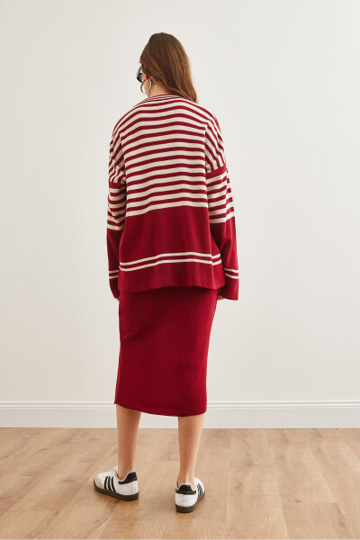 Women's Burgundy Knitted Upper Sweater and Lower Slitted Skirt Set TKM-19000321 - 7