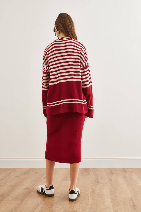 Women's Burgundy Knitted Upper Sweater and Lower Slitted Skirt Set TKM-19000321 - 7