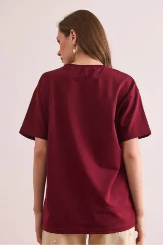 Women's Burgundy LA Embroidered Boyfriend 2 Thread T-Shirt TSH-1 - 2