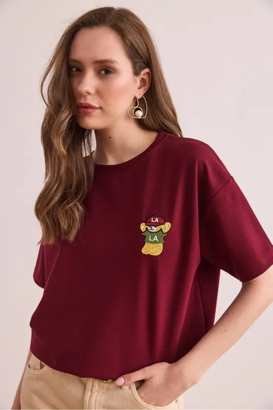 Women's Burgundy LA Embroidered Boyfriend 2 Thread T-Shirt TSH-1 - 3