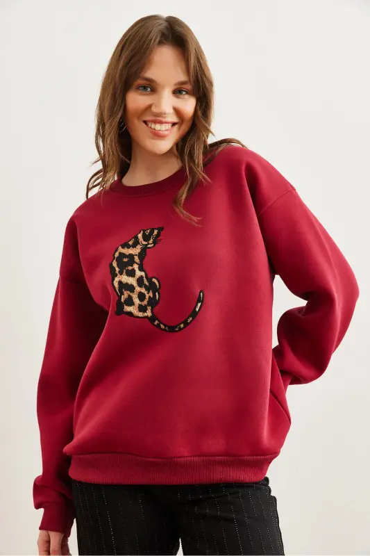 Women's Burgundy Leopard Applique Brushed Oversize Sweatshirt SWT-19000698 - Burgundy - 4