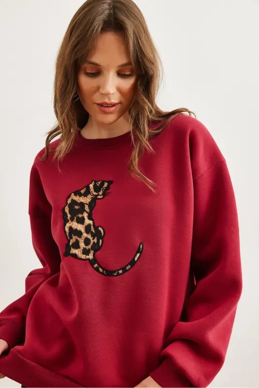 Women's Burgundy Leopard Applique Brushed Oversize Sweatshirt SWT-19000698 - Burgundy - 6