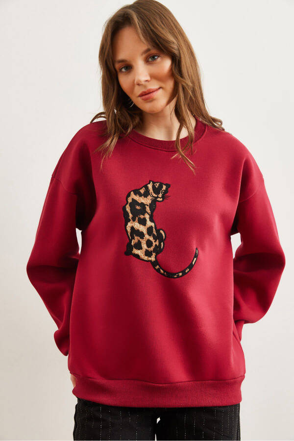 Women's Burgundy Leopard Applique Thistle Oversized Sweatshirt SWT-19000698 - 1