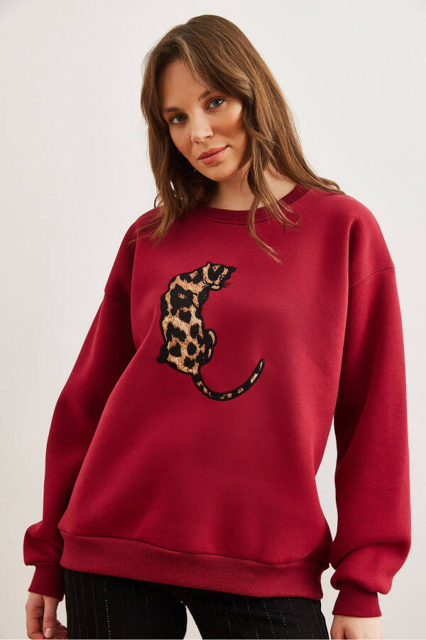 Women's Burgundy Leopard Applique Thistle Oversized Sweatshirt SWT-19000698 - 3