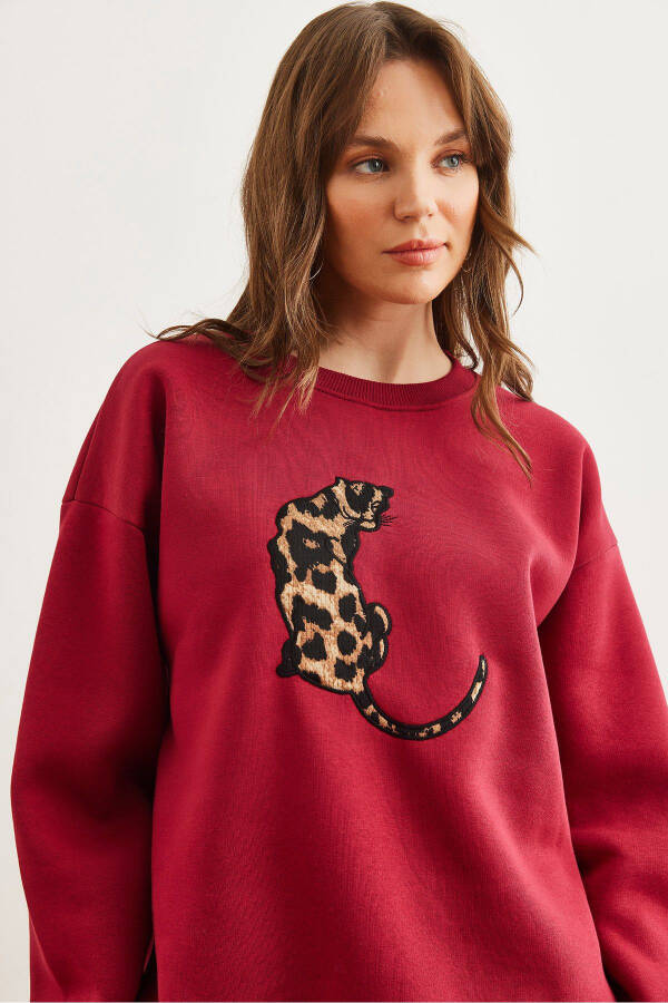 Women's Burgundy Leopard Applique Thistle Oversized Sweatshirt SWT-19000698 - 5