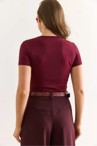 Women's Burgundy Leopard Heart Appliqued Lycra Cotton T-shirt - 5