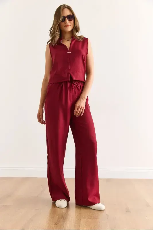Women's Burgundy Linen Look Set TKM-1900 - 2