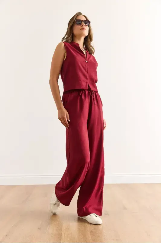 Women's Burgundy Linen Look Set TKM-1900 - 3