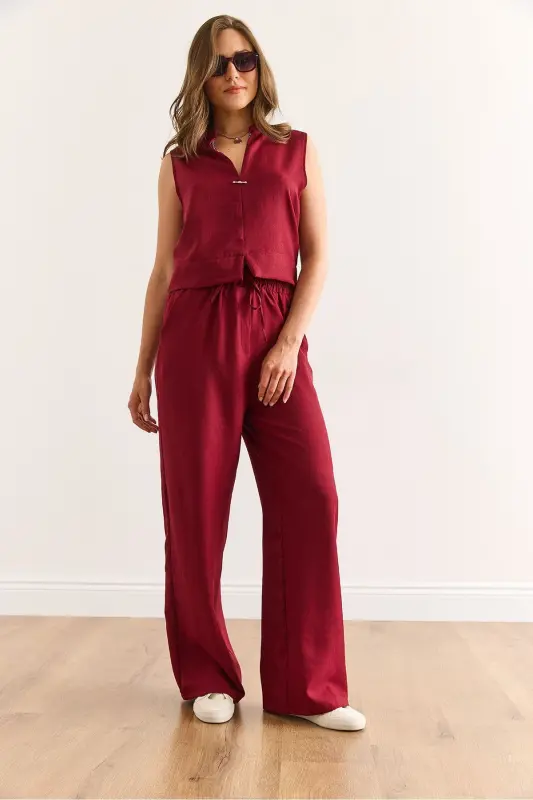 Women's Burgundy Linen Look Set TKM-1900 - 2