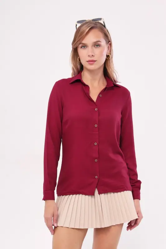 Women's Burgundy Long Sleeve Plain Shirt ARM-18Y001176 - 4