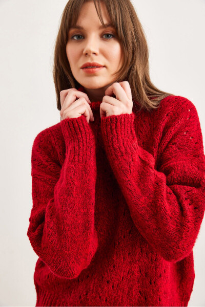 Women's Burgundy Mock Neck Soft Textured Knit Sweater KZK-19000892 - 1