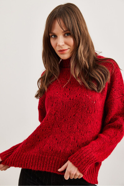 Women's Burgundy Mock Neck Soft Textured Knit Sweater KZK-19000892 - 2