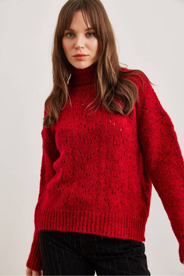 Women's Burgundy Mock Neck Soft Textured Knit Sweater KZK-19000892 - 3