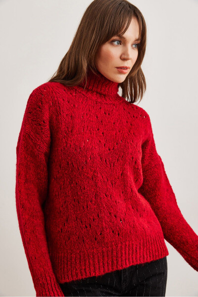 Women's Burgundy Mock Neck Soft Textured Knit Sweater KZK-19000892 - 4