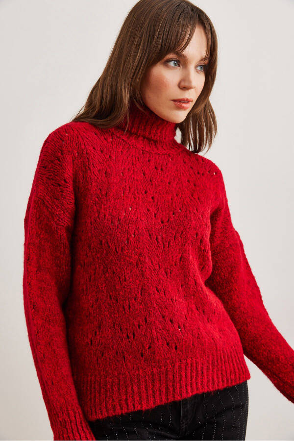 Women's Burgundy Mock Neck Soft Textured Knit Sweater KZK-19000892 - 4