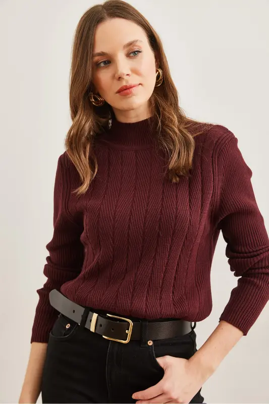 Women's Burgundy Mock Neck Zigzag Textured Soft Knit Sweater KZK-19000447-Bordo - 3