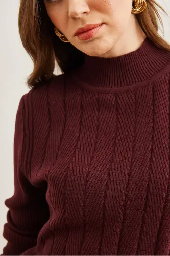 Women's Burgundy Mock Neck Zigzag Textured Soft Knit Sweater KZK-19000447-Bordo - 5