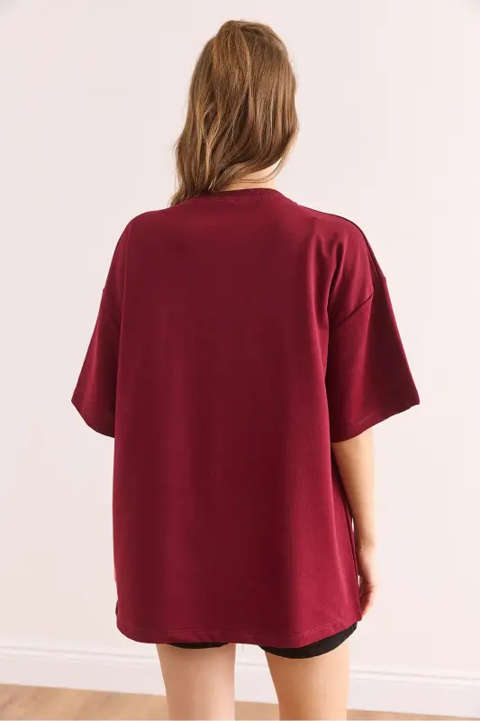 Women's Burgundy Mom Embroidered Two-Thread Oversize T-Shirt TS - 2