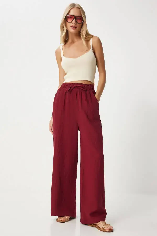Women's Burgundy Muslin Palazzo Pants MX00160 - 1