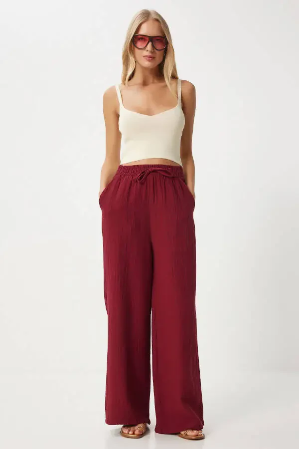 Women's Burgundy Muslin Palazzo Pants MX00160 - 2