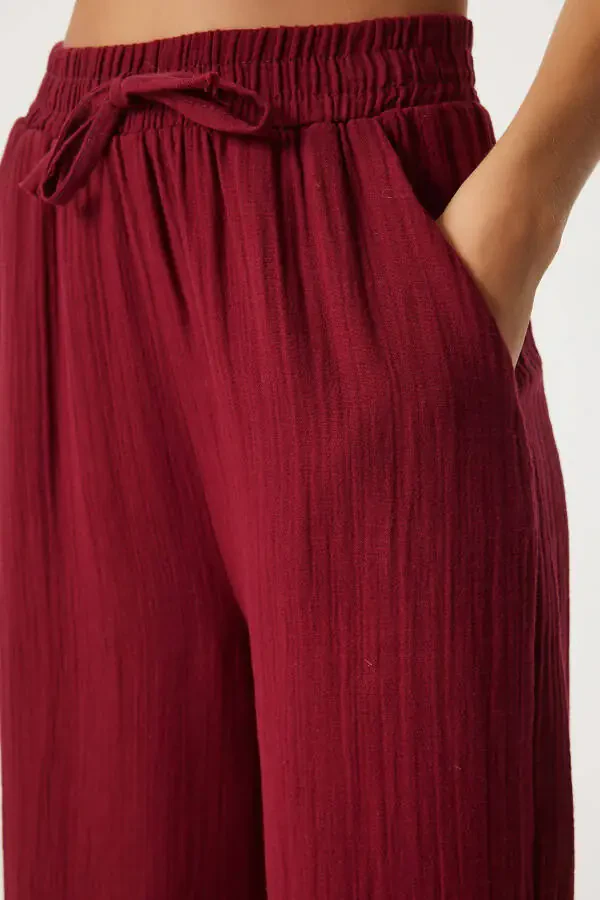 Women's Burgundy Muslin Palazzo Pants MX00160 - 4