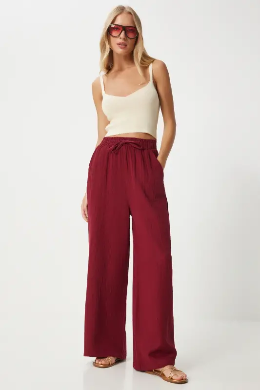 Women's Burgundy Muslin Palazzo Trousers MX00160 - Burgundy - 1