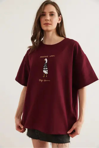 Women's Burgundy Navy Embroidered Relaxed Fit T-Shirt TSH- - 4