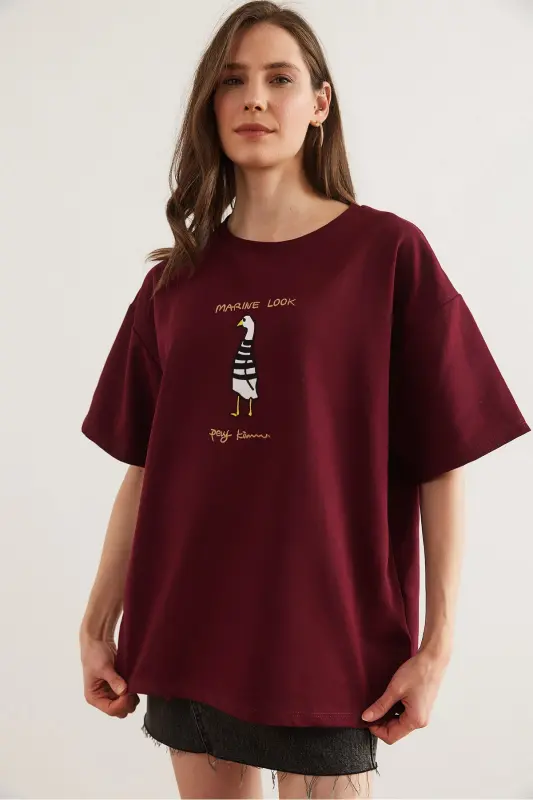 Women's Burgundy Navy Embroidered Relaxed Fit T-Shirt TSH- - 4