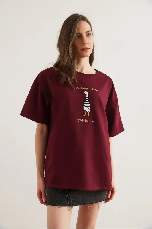 Women's Burgundy Navy Embroidered Relaxed Fit T-Shirt TSH- - 6