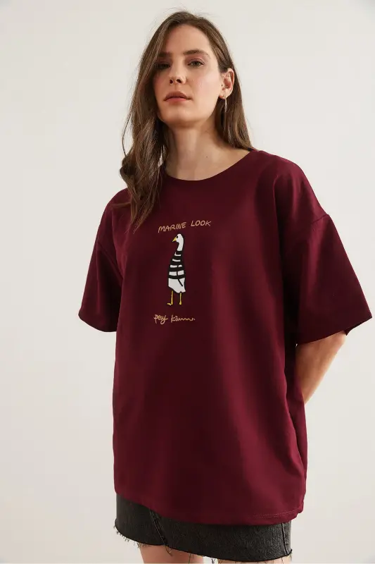 Women's Burgundy Navy Embroidered Relaxed Fit T-Shirt TSH- - 7
