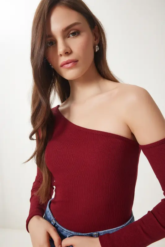 Women's Burgundy Off-Shoulder Ribbed Knit Blouse TG00011-Burgundy - 3