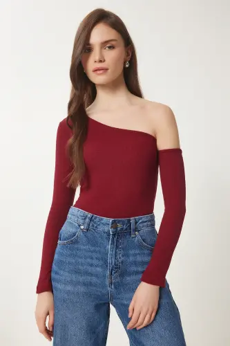 Women's Burgundy Off-Shoulder Ribbed Knit Blouse TG00011-Burgundy - 4