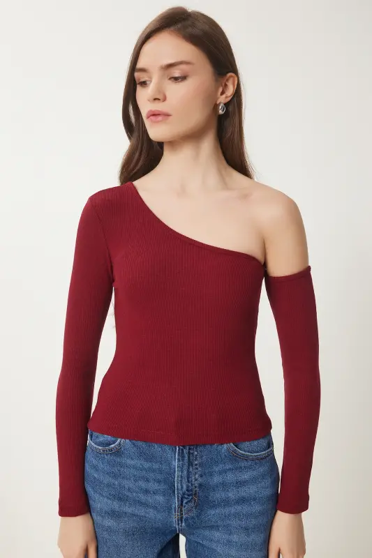Women's Burgundy Off-Shoulder Ribbed Knit Blouse TG00011-Burgundy - 5