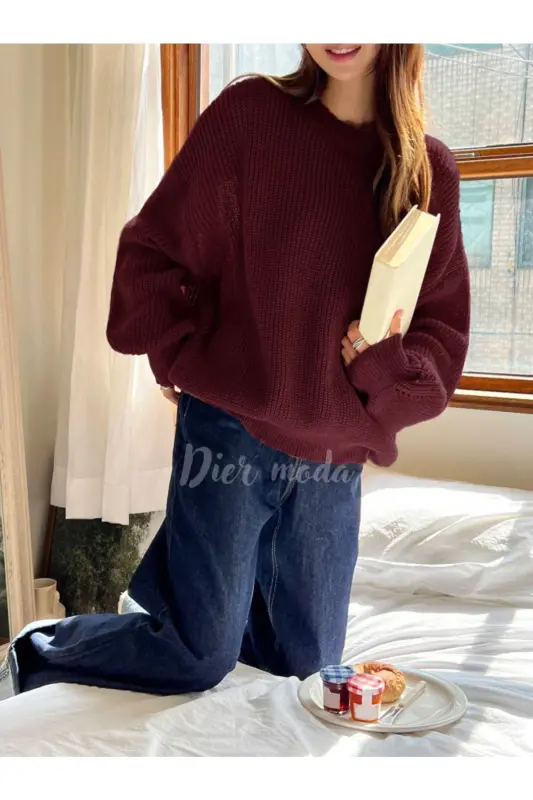 Women's Burgundy Oversize Knit Sweater-Burgundy - 4