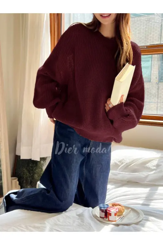 Women's Burgundy Oversize Knit Sweater-Burgundy - 6