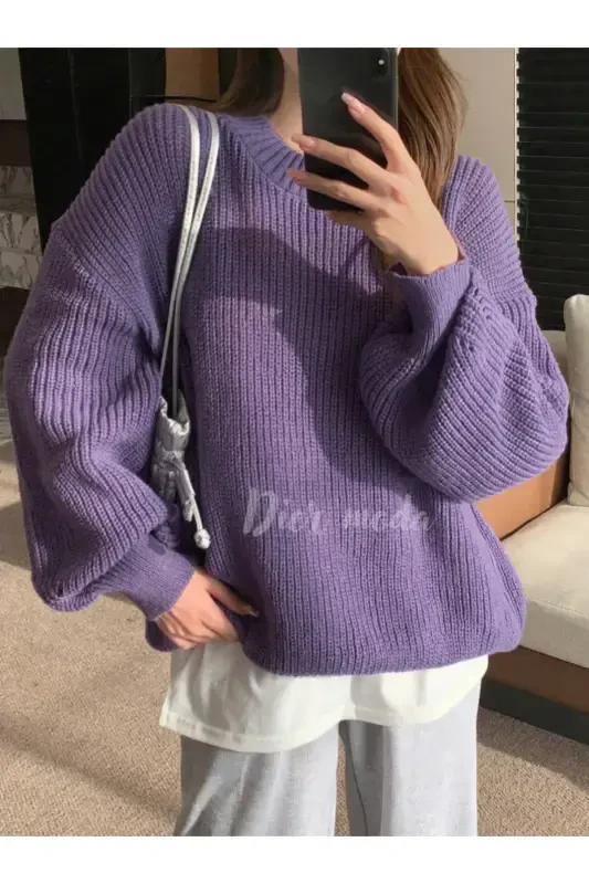 Women's Burgundy Oversize Knit Sweater-Purple - 1