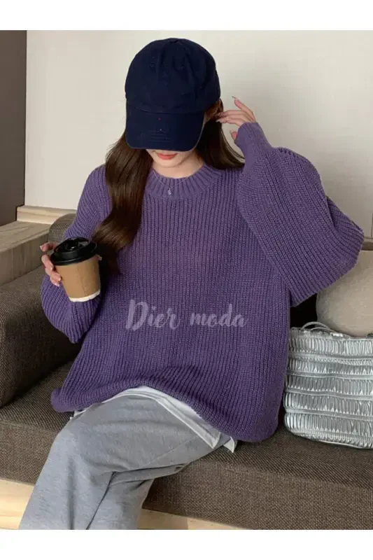 Women's Burgundy Oversize Knit Sweater-Purple - 3