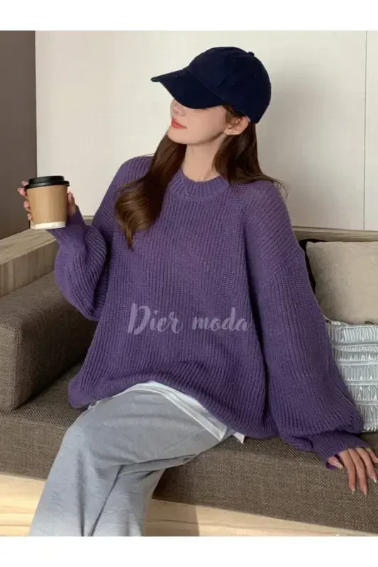 Women's Burgundy Oversize Knit Sweater-Purple - 4