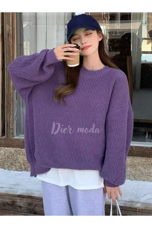 Women's Burgundy Oversize Knit Sweater-Purple - 5
