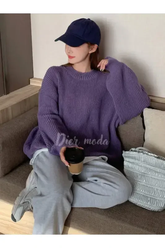 Women's Burgundy Oversize Knit Sweater-Purple - 6